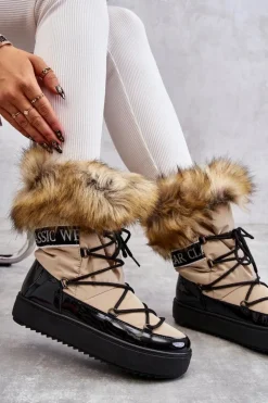 Damskie Śniegowce Sznurowane Beżowo-Czarne Santero