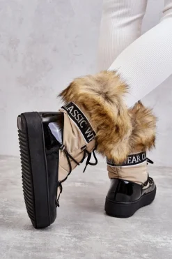 Damskie Śniegowce Sznurowane Beżowo-Czarne Santero