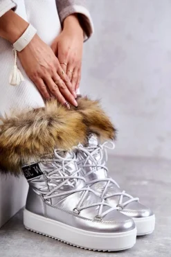 Damskie Śniegowce Sznurowane Srebrne Santero