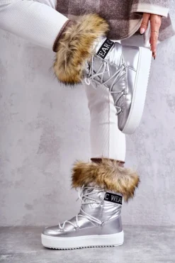 Damskie Śniegowce Sznurowane Srebrne Santero