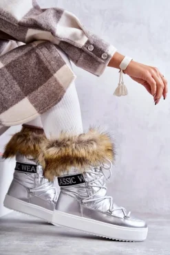 Damskie Śniegowce Sznurowane Srebrne Santero