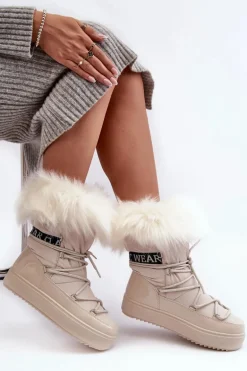 Damskie Śniegowce Sznurowane Jasnobeżowe Santero