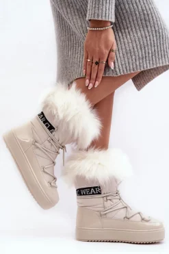 Damskie Śniegowce Sznurowane Jasnobeżowe Santero