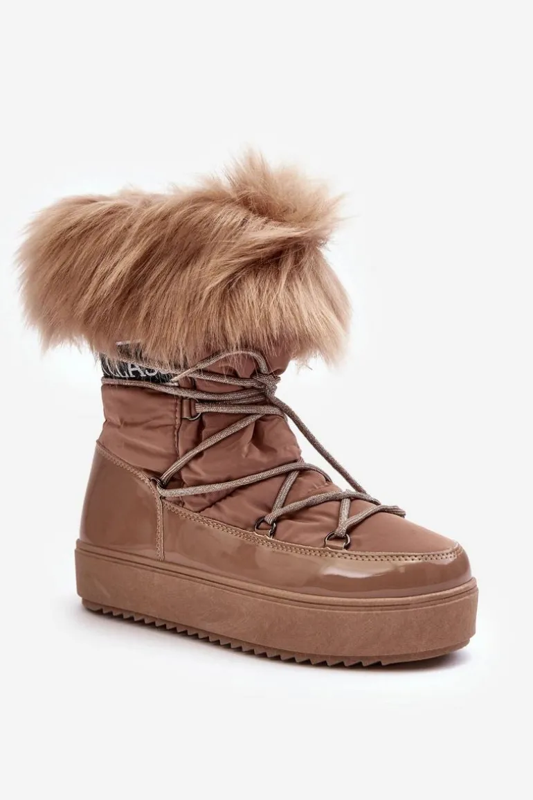 Damskie Śniegowce Sznurowane Ciemnobeżowe Santero