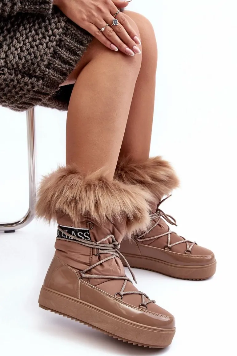 Damskie Śniegowce Sznurowane Ciemnobeżowe Santero