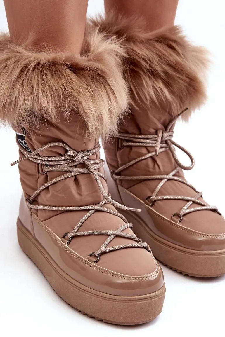 Damskie Śniegowce Sznurowane Ciemnobeżowe Santero