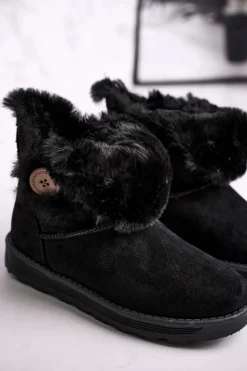 Damskie Śniegowce Zamszowe z Futerkiem Czarne Button