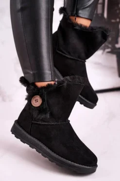 Damskie Śniegowce Zamszowe z Futerkiem Czarne Button