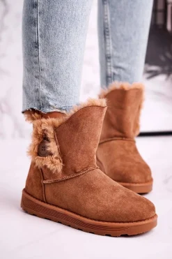 Damskie Śniegowce Zamszowe z Futerkiem Brązowe Button