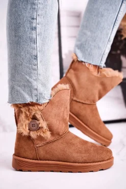 Damskie Śniegowce Zamszowe z Futerkiem Brązowe Button