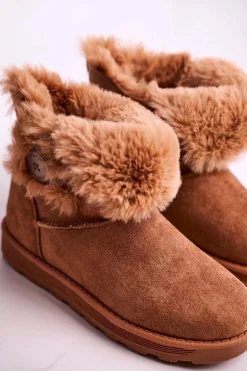 Damskie Śniegowce Zamszowe z Futerkiem Brązowe Button