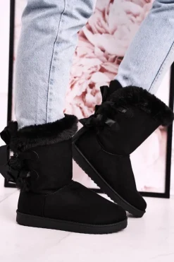 Damskie Śniegowce Ze Wstążką Ocieplone Futerkiem Czarne Kaylee