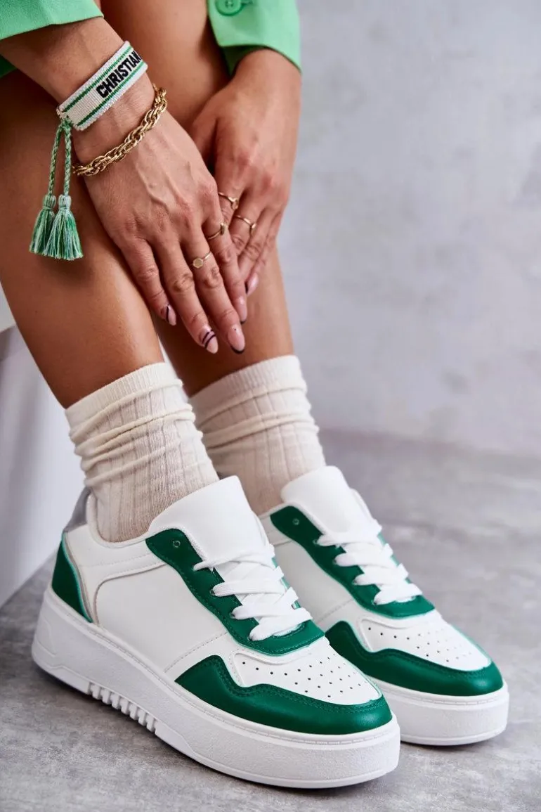 Damskie Niskie Buty Sportowe Na Platformie Biało-Zielone Kyllie