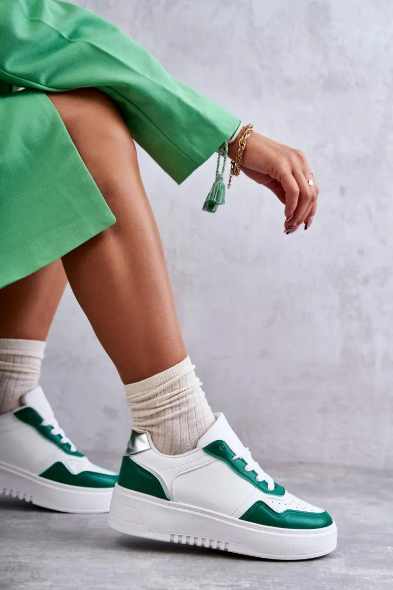 Damskie Niskie Buty Sportowe Na Platformie Biało-Zielone Kyllie