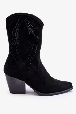 Damskie Niskie Zamszowe Kozaki Kowbojki Czarne Elyse