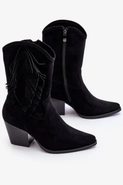 Damskie Niskie Zamszowe Kozaki Kowbojki Czarne Elyse