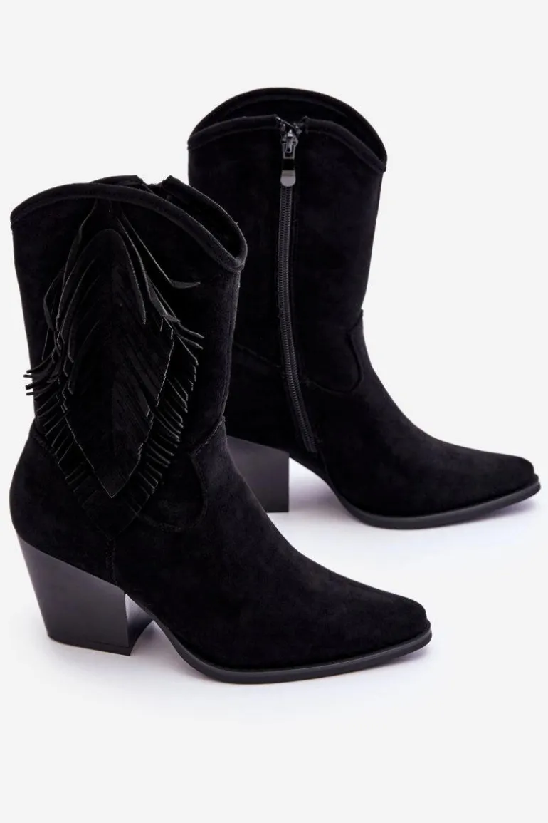 Damskie Niskie Zamszowe Kozaki Kowbojki Czarne Elyse
