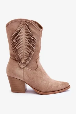 Damskie Niskie Zamszowe Kozaki Kowbojki Beżowe Elyse
