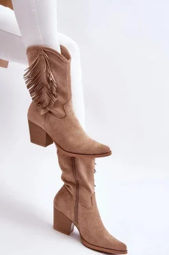 Damskie Niskie Zamszowe Kozaki Kowbojki Beżowe Elyse