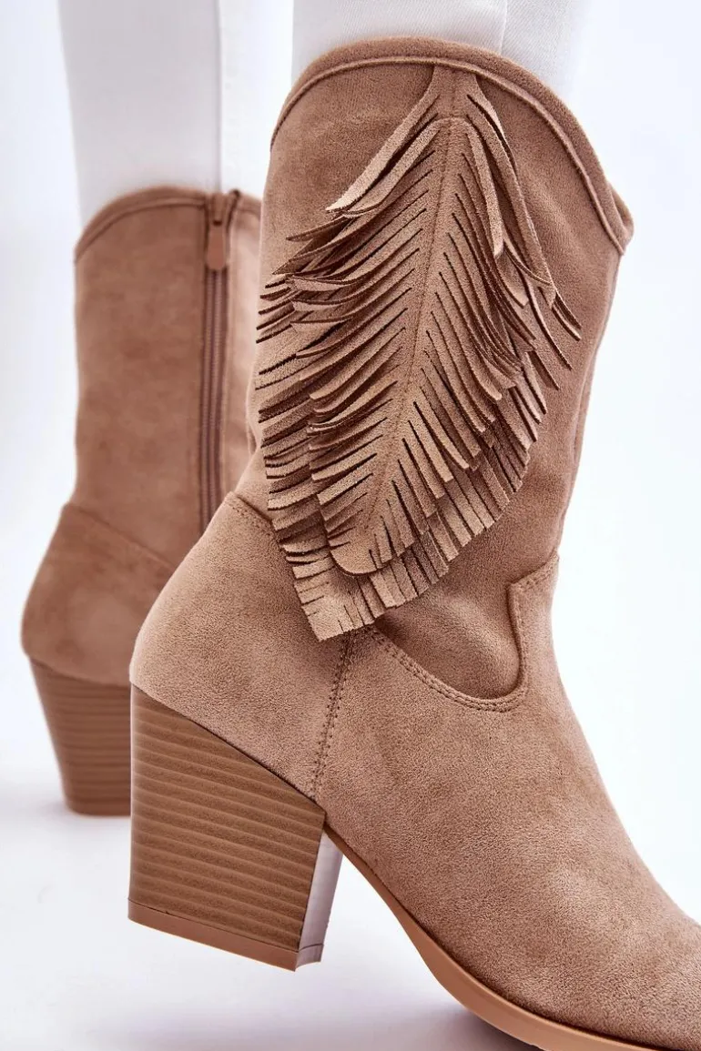 Damskie Niskie Zamszowe Kozaki Kowbojki Beżowe Elyse