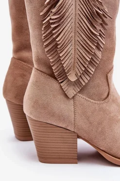 Damskie Niskie Zamszowe Kozaki Kowbojki Beżowe Elyse