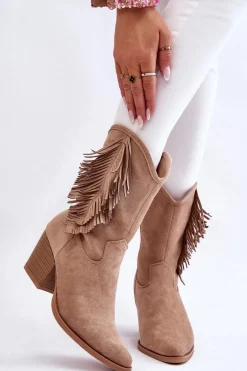 Damskie Niskie Zamszowe Kozaki Kowbojki Beżowe Elyse