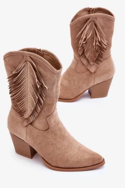 Damskie Niskie Zamszowe Kozaki Kowbojki Beżowe Elyse