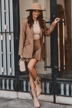 Damskie Niskie Zamszowe Kozaki Kowbojki Beżowe Elyse