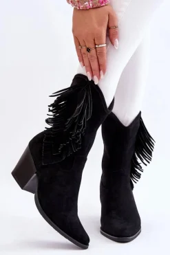 Damskie Niskie Zamszowe Kozaki Kowbojki Czarne Elyse