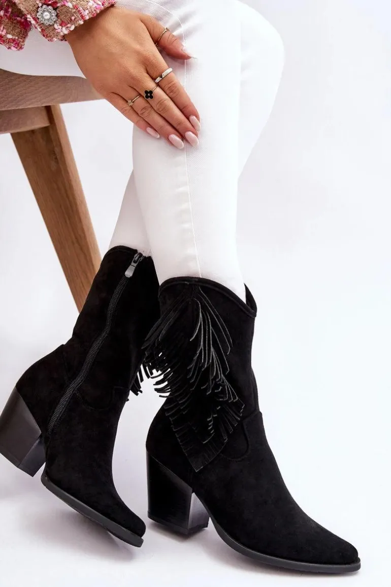Damskie Niskie Zamszowe Kozaki Kowbojki Czarne Elyse