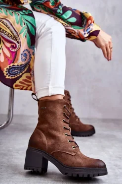 Damskie Ocieplane Botki Na Obcasie Brązowe Grethe