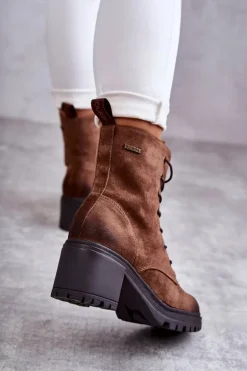 Damskie Ocieplane Botki Na Obcasie Brązowe Grethe