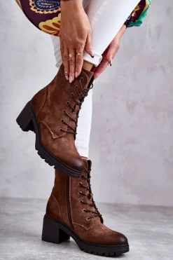 Damskie Ocieplane Botki Na Obcasie Brązowe Grethe