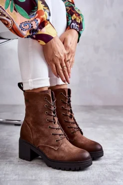 Damskie Ocieplane Botki Na Obcasie Brązowe Grethe