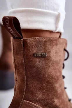 Damskie Ocieplane Botki Na Obcasie Brązowe Grethe