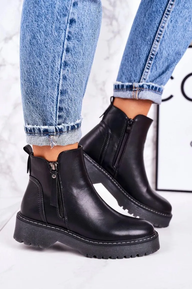 Damskie Ocieplane Botki Na Gumowej Podeszwie Czarne Moon Walk