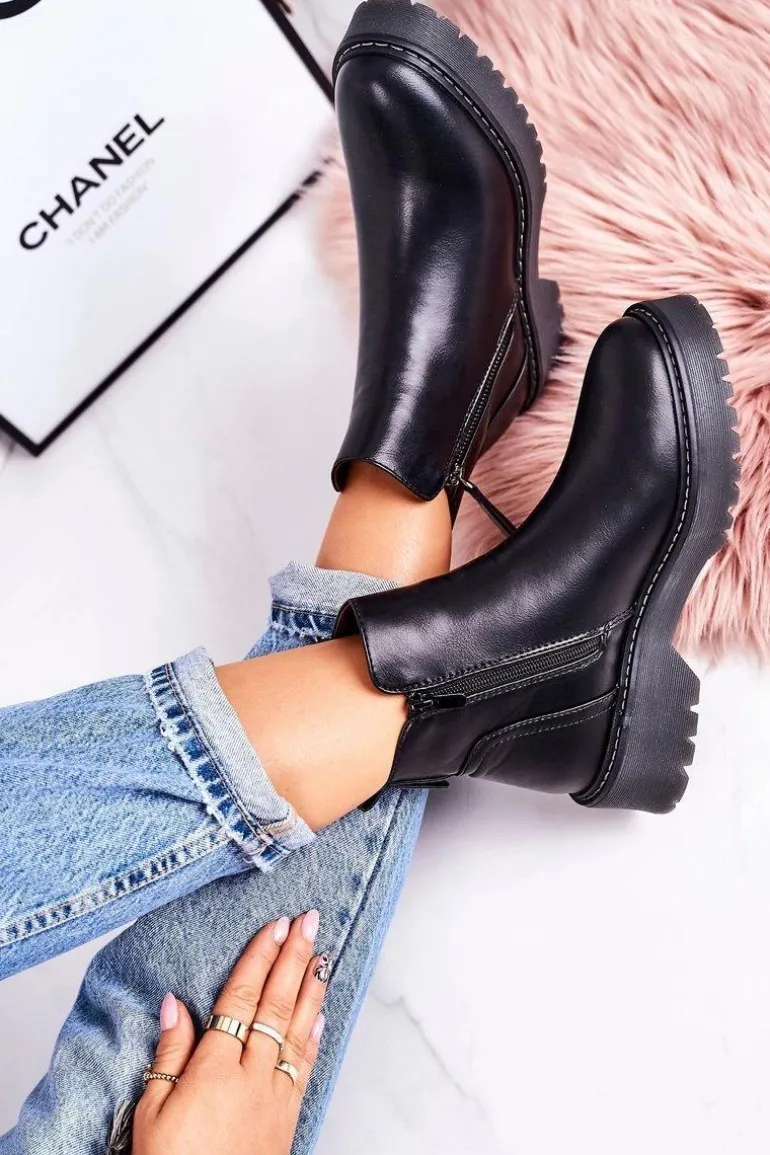 Damskie Ocieplane Botki Na Gumowej Podeszwie Czarne Moon Walk