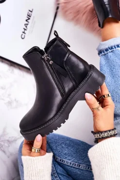 Damskie Ocieplane Botki Na Gumowej Podeszwie Czarne Moon Walk