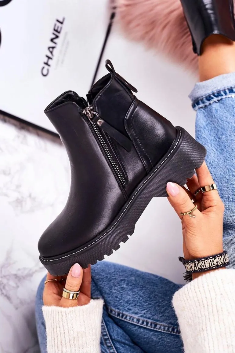 Damskie Ocieplane Botki Na Gumowej Podeszwie Czarne Moon Walk