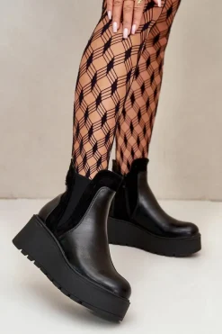 Damskie Ocieplane Botki Na Platformie I Koturnie Czarne Mivanira