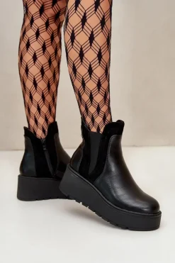 Damskie Ocieplane Botki Na Platformie I Koturnie Czarne Mivanira