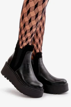 Damskie Ocieplane Botki Na Platformie I Koturnie Czarne Mivanira