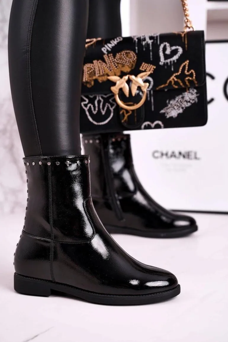 Damskie Ocieplane Botki Na Koturnie Lakierowane Czarne Performance