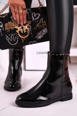 Damskie Ocieplane Botki Na Koturnie Lakierowane Czarne Performance