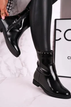 Damskie Ocieplane Botki Na Koturnie Lakierowane Czarne Performance