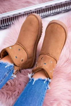 Damskie Ocieplane Botki Śniegowce Zamsz Camel Biggy