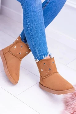 Damskie Ocieplane Botki Śniegowce Zamsz Camel Biggy