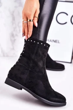 Damskie Ocieplane Botki Na Koturnie Zamszowe Czarne Performance