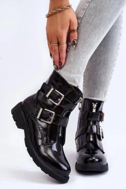 Damskie Ocieplane Botki Na Płaskim Obcasie Z Suwakiem Czarne Joshie