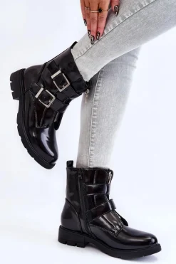 Damskie Ocieplane Botki Na Płaskim Obcasie Z Suwakiem Czarne Joshie